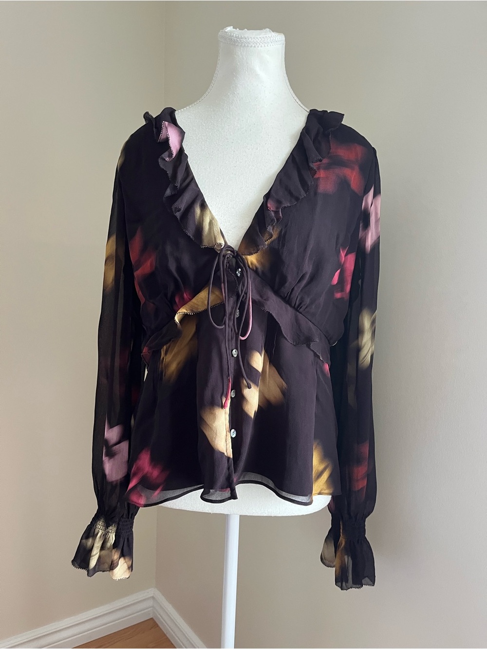 Rails Black Floral Ruffle Tie-Front Blouse in Pink and Gold Accents